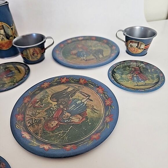 Children's Tin Litho Complete Tea Set of 4 Little Red Riding Hood Reproduction - Picture 5 of 11